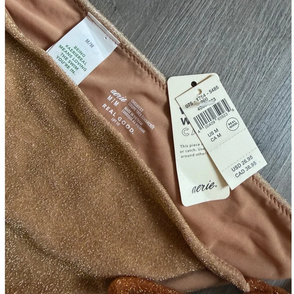 Aerie Real Good Gold Glitter Cheekiest Bikini Bottom Side Tie Swim NWT Medium